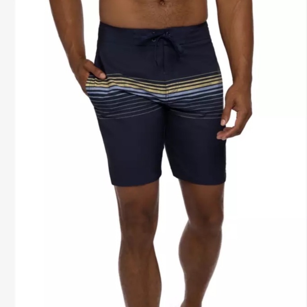 TravisMathew Sombrero Shorts men 42 board swim golf Blue Yellow Striped Eco NWT